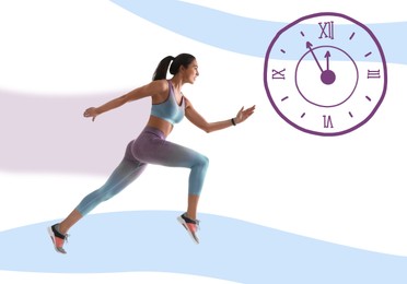 Athletic woman running and illustration of clock on color background. Time concept