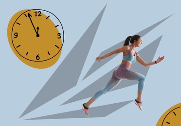 Athletic woman running away from illustration of clock on color background. Time concept