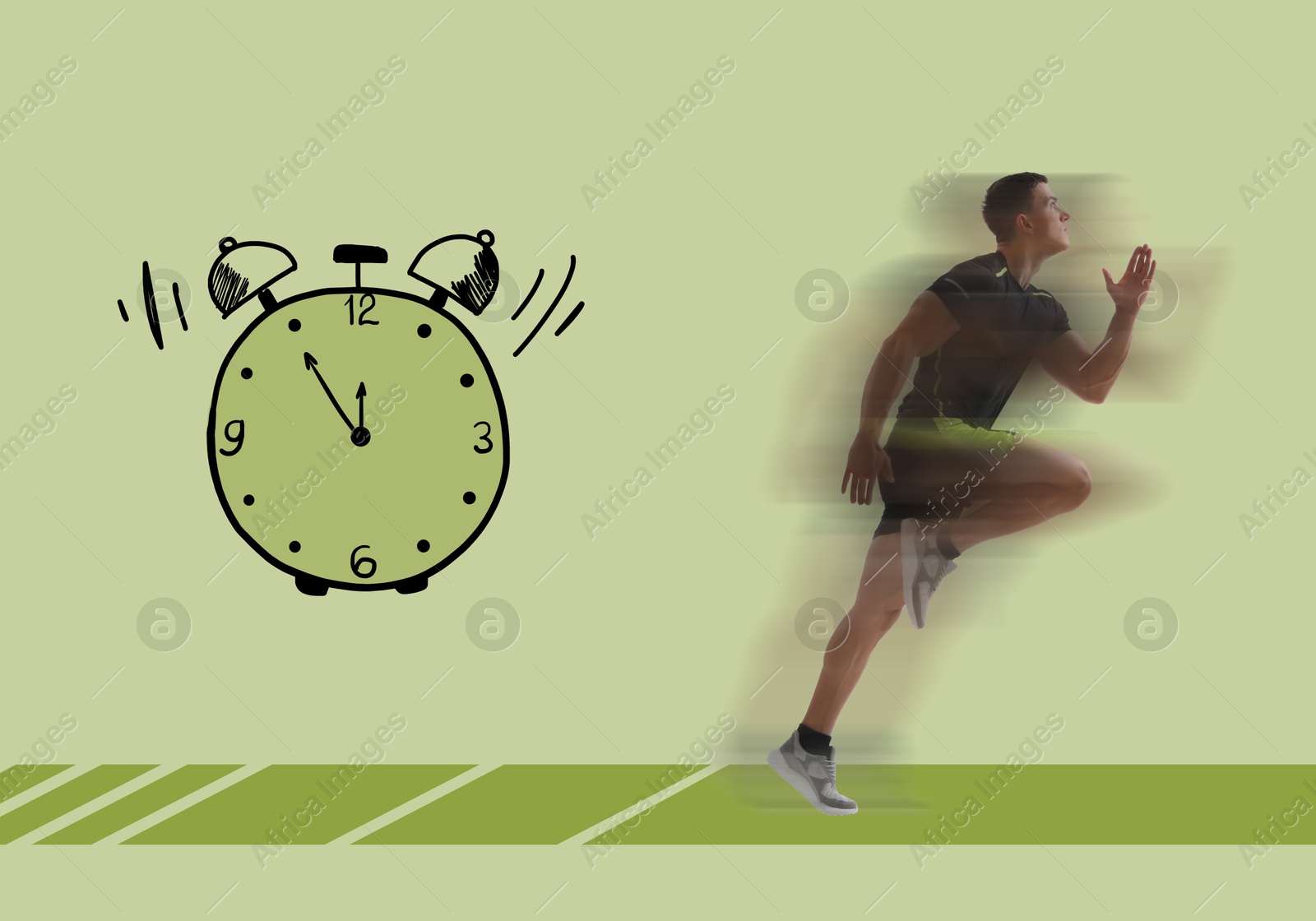 Image of Athletic man running away from illustration of alarm clock on color background. Time concept