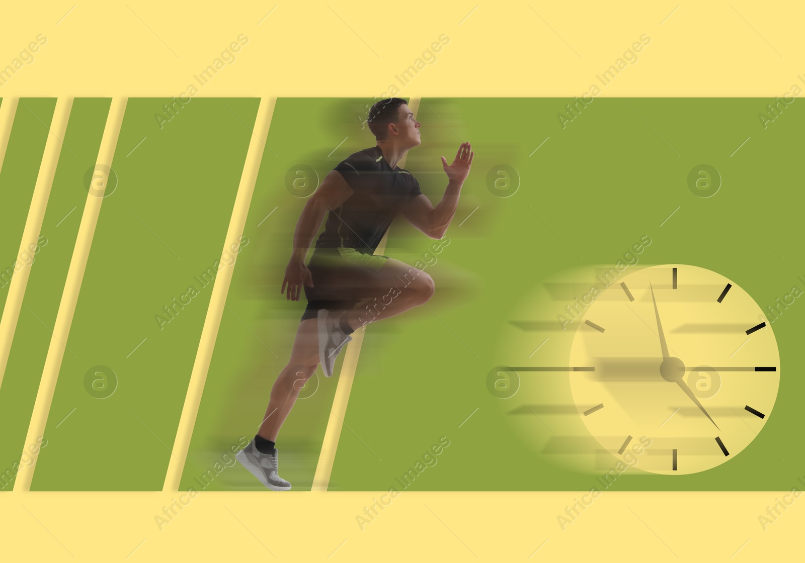 Image of Athletic man running and illustration of clock on color background. Time concept