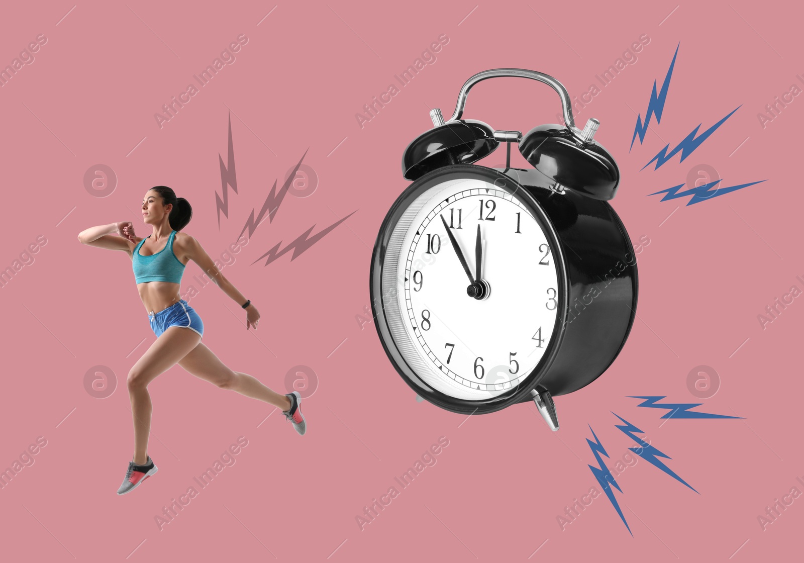 Image of Athletic woman running away from alarm clock on dark pink background. Time concept