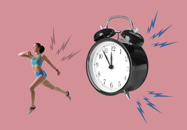 Athletic woman running away from alarm clock on dark pink background. Time concept