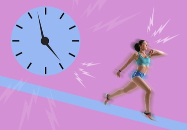 Athletic woman running away from illustration of clock on color background. Time concept