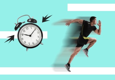 Athletic man running away from alarm clock on cyan background. Time concept