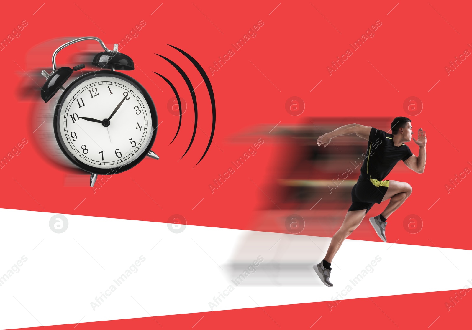 Image of Athletic man running away from alarm clock on red background. Time concept