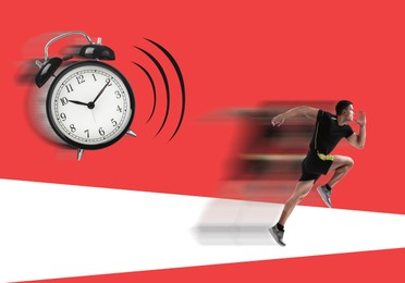 Athletic man running away from alarm clock on red background. Time concept