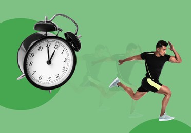Image of Athletic man running away from alarm clock on green background. Time concept