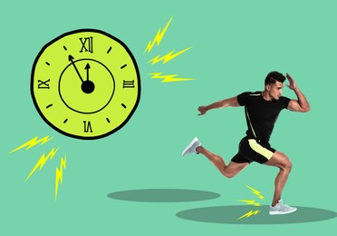 Image of Athletic man running away from illustration of clock on turquoise background. Time concept