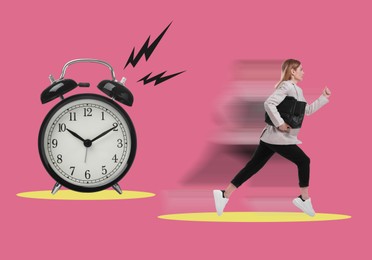Image of Businesswoman running away from alarm clock on pink background. Time concept