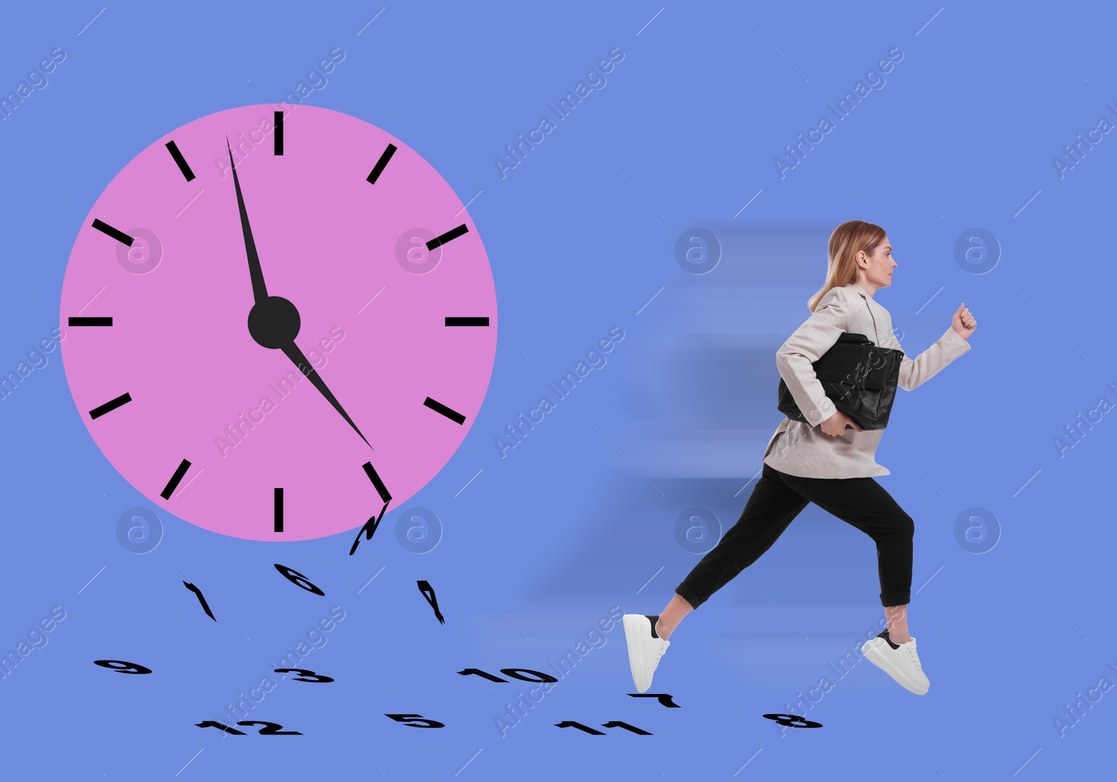 Image of Businesswoman running away from illustration of clock on color background. Time concept