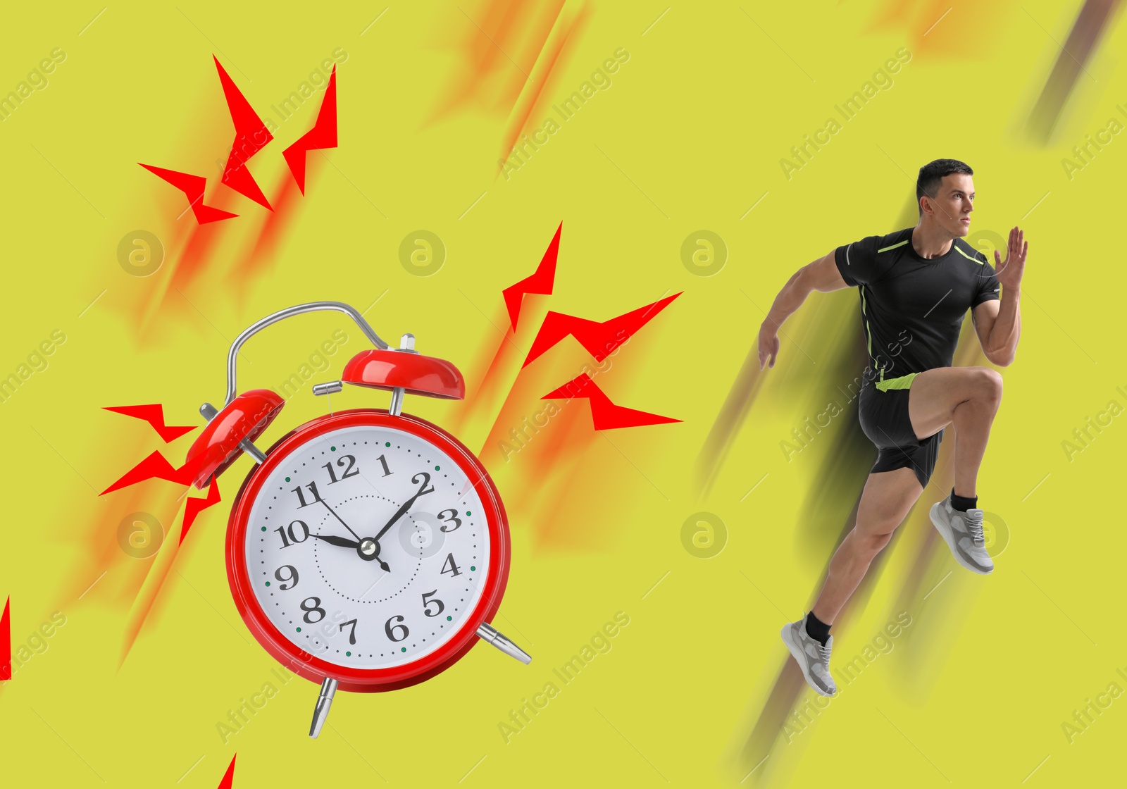 Image of Athletic man running away from alarm clock on yellow background. Time concept