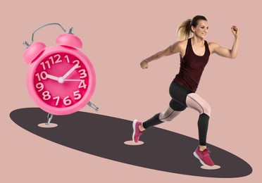 Image of Athletic woman running away from alarm clock on pink background. Time concept