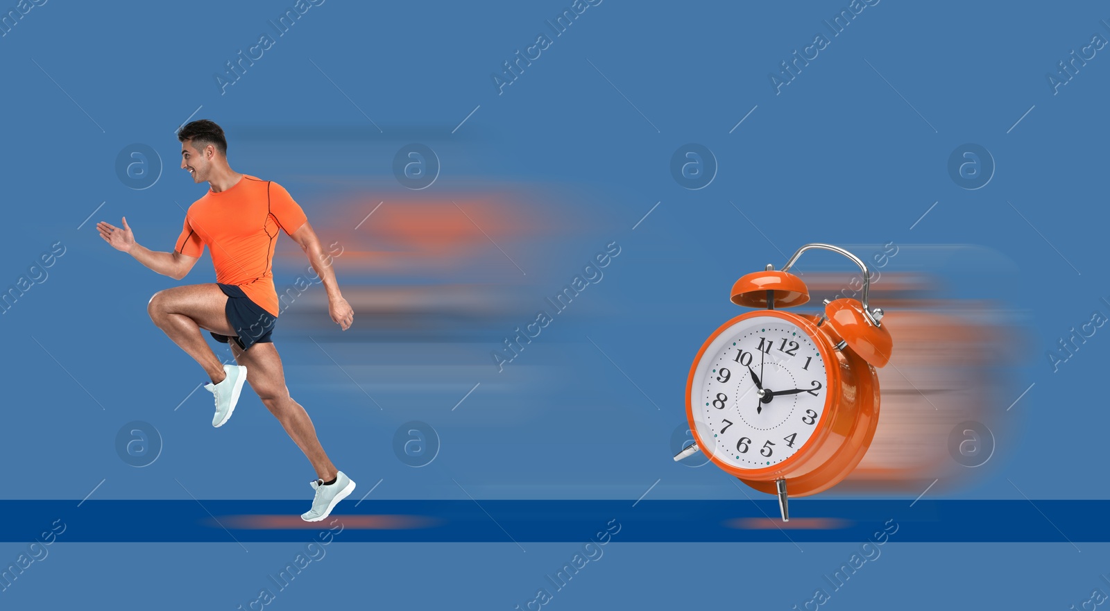 Image of Athletic man running away from alarm clock on light blue background. Time concept