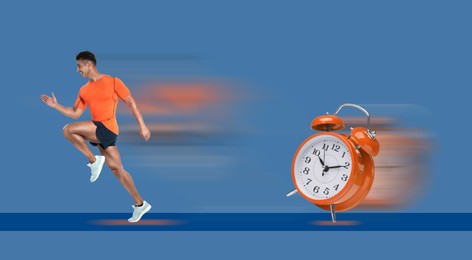 Image of Athletic man running away from alarm clock on light blue background. Time concept