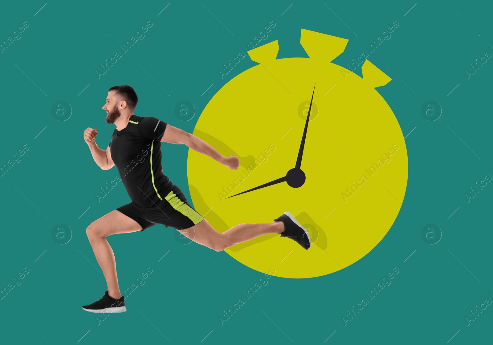 Image of Athletic man running away from illustration of stopwatch on teal background. Time concept