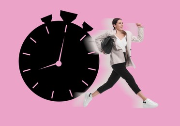 Image of Businesswoman running away from illustration of stopwatch on pink background. Time concept