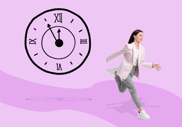 Businesswoman running away from illustration of clock on color background. Time concept