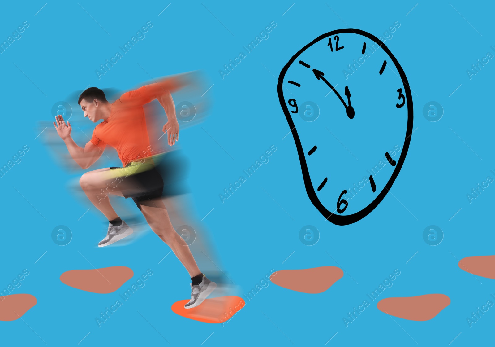 Image of Athletic man running away from illustration of clock on light blue background. Time concept