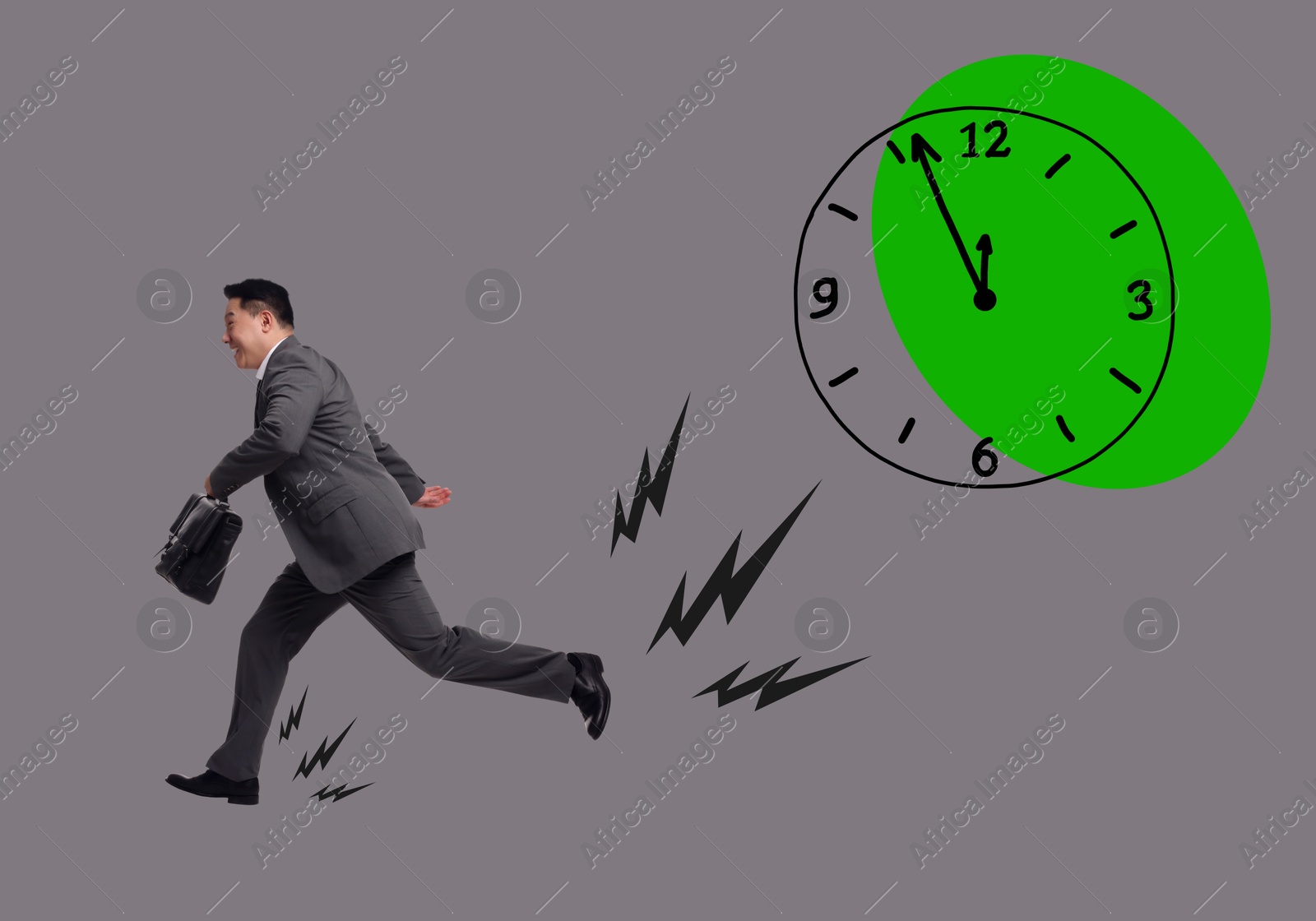 Image of Businessman running away from illustration of clock on grey background. Time concept