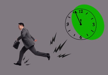 Image of Businessman running away from illustration of clock on grey background. Time concept