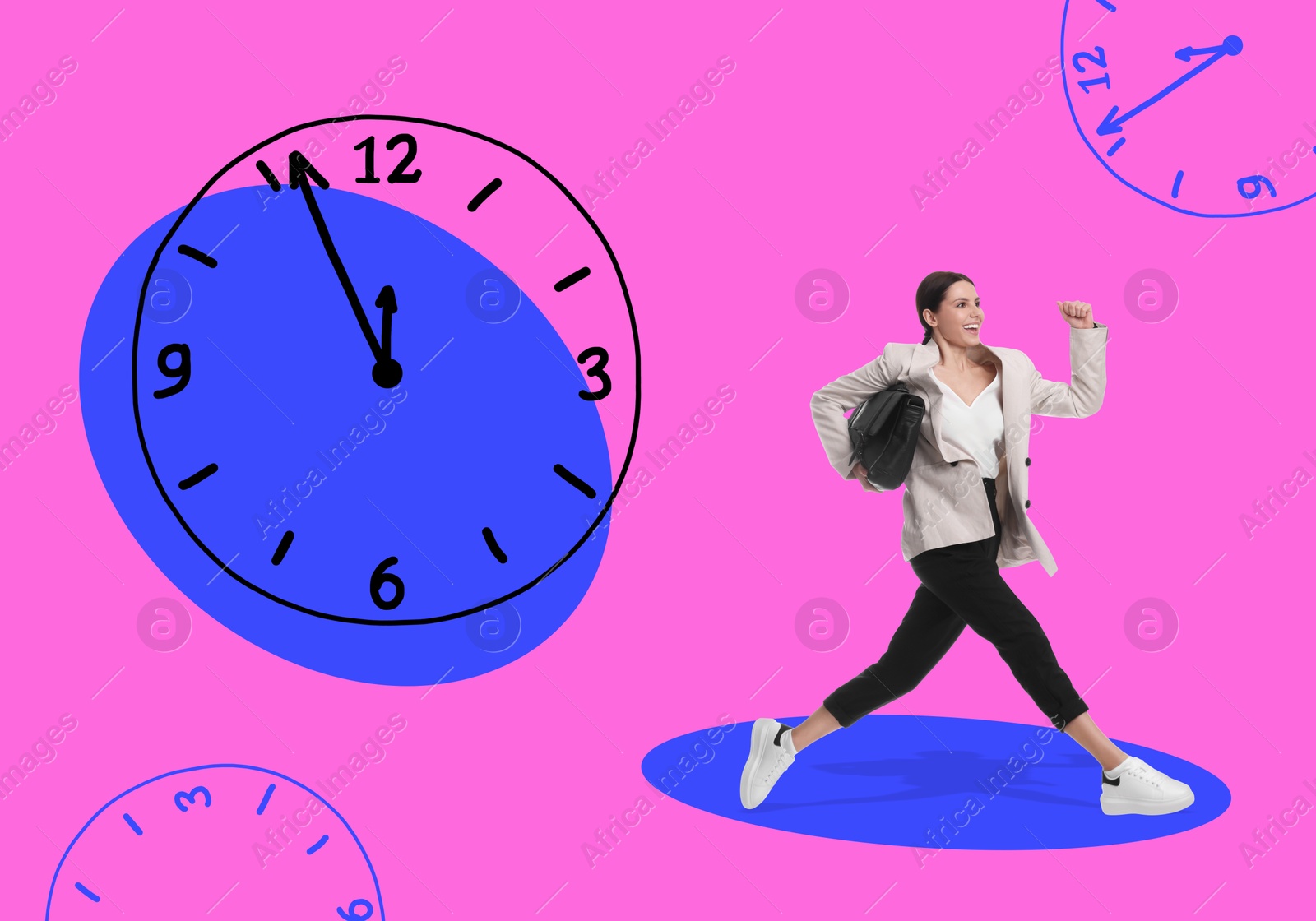 Image of Businesswoman running away from illustration of clock on color background. Time concept