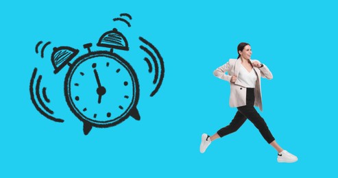 Image of Businesswoman running away from illustration of alarm clock on light blue background, banner design. Time concept