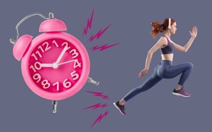 Image of Athletic woman running away from alarm clock on color background. Time concept