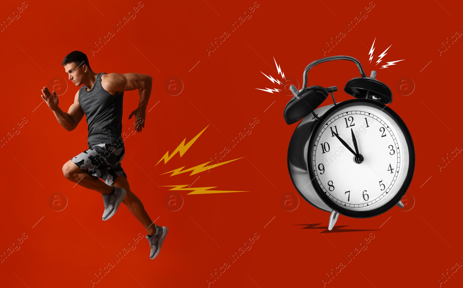 Image of Athletic man running away from alarm clock on red background. Time concept