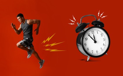 Athletic man running away from alarm clock on red background. Time concept