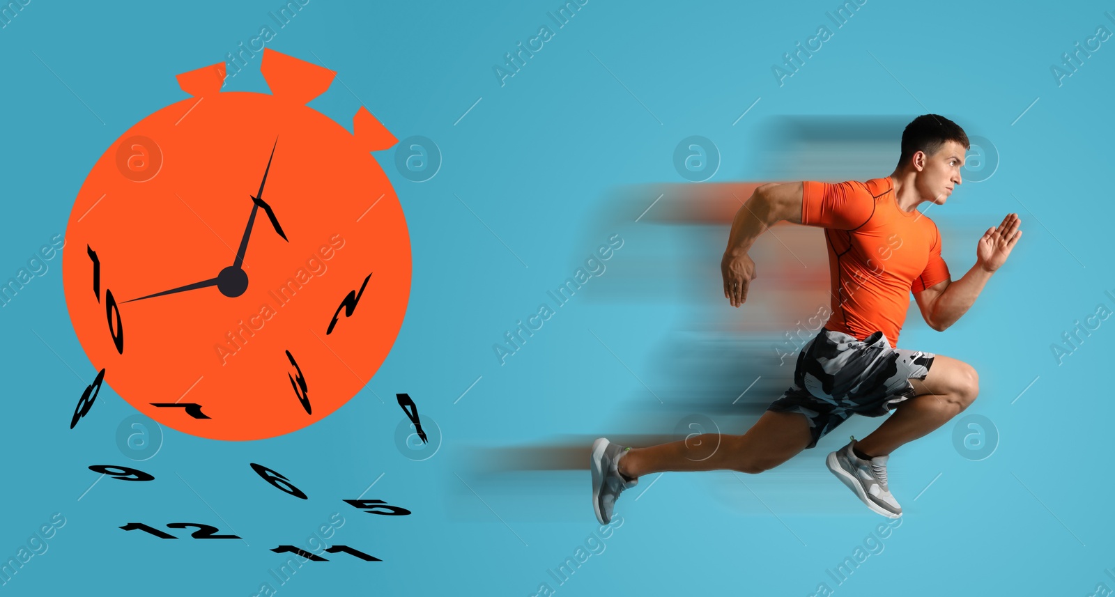 Image of Athletic man running away from illustration of stopwatch on light blue background, banner design. Time concept