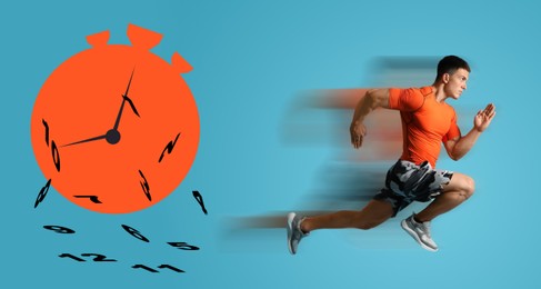 Athletic man running away from illustration of stopwatch on light blue background, banner design. Time concept