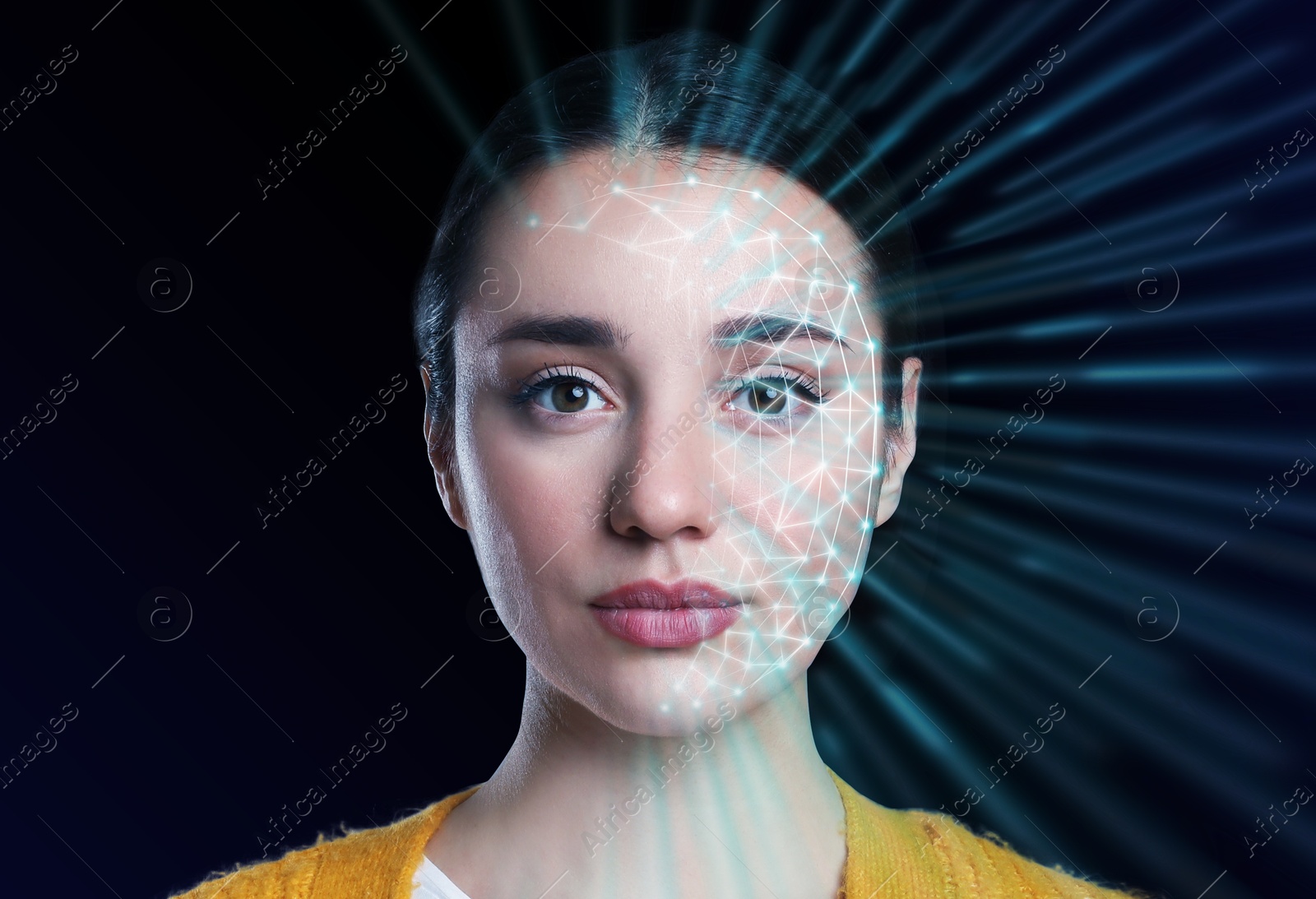 Image of Facial recognition system. Scanning woman's face for authentication