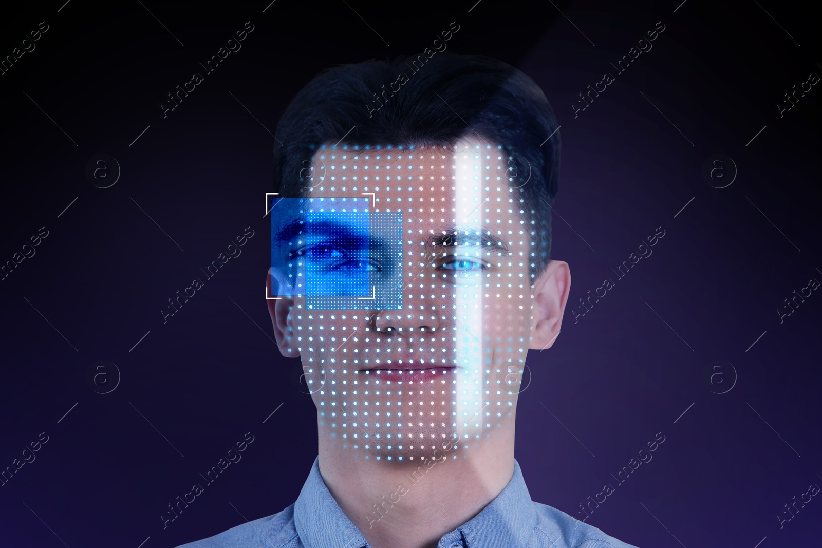 Image of Facial recognition system. Scanning man's face for authentication