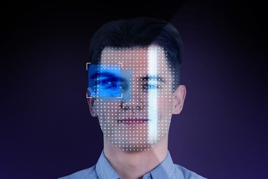 Image of Facial recognition system. Scanning man's face for authentication