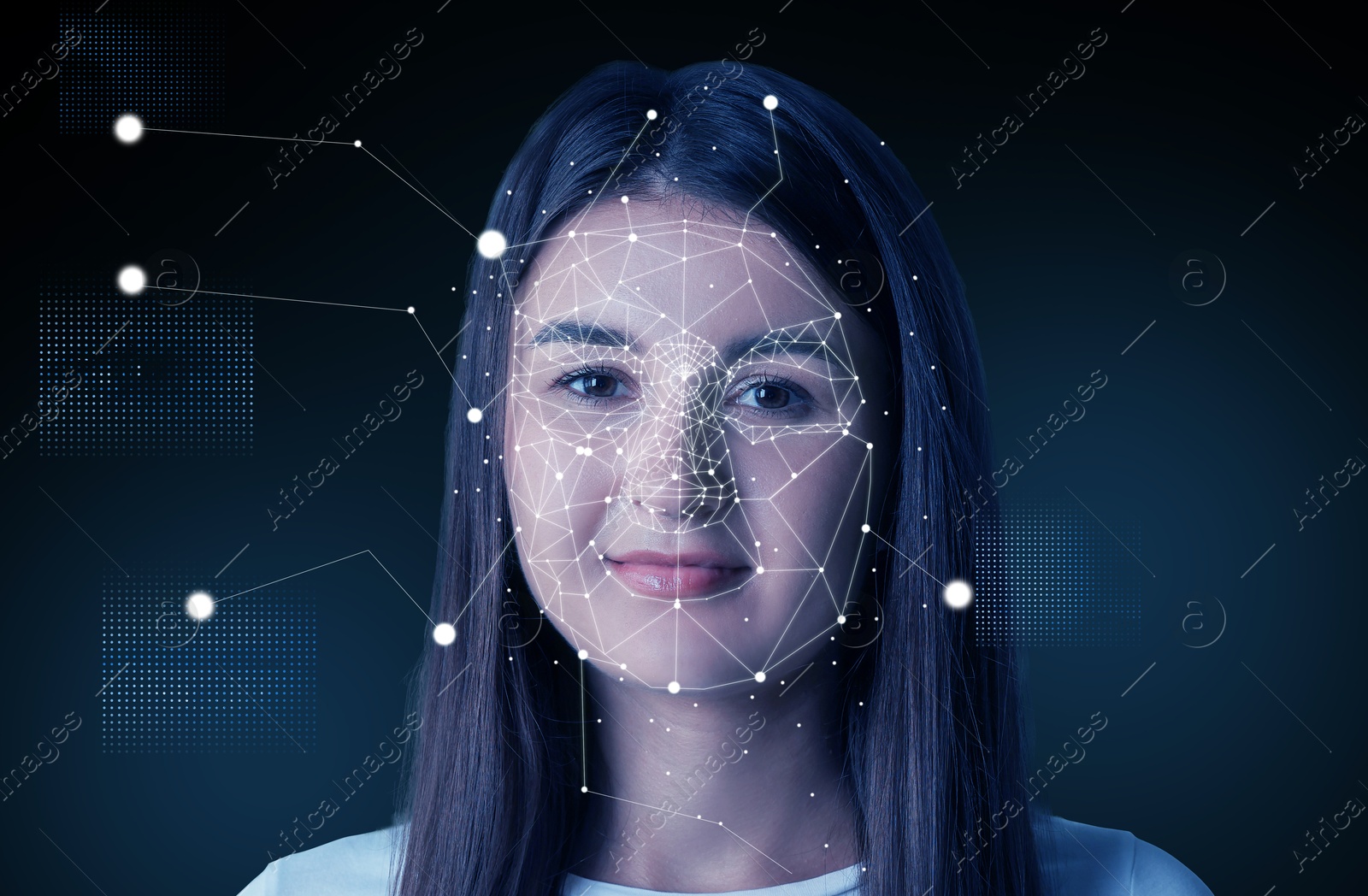 Image of Facial recognition system. Scanning woman's face for authentication