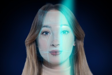 Image of Facial recognition system. Scanning woman's face for authentication