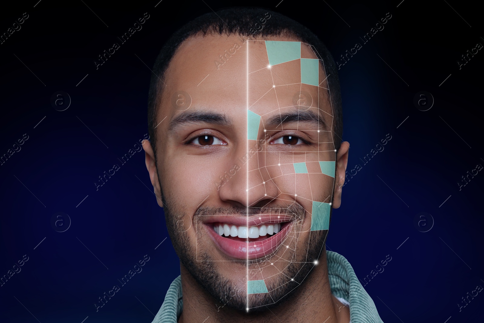 Image of Facial recognition system. Scanning man's face for authentication