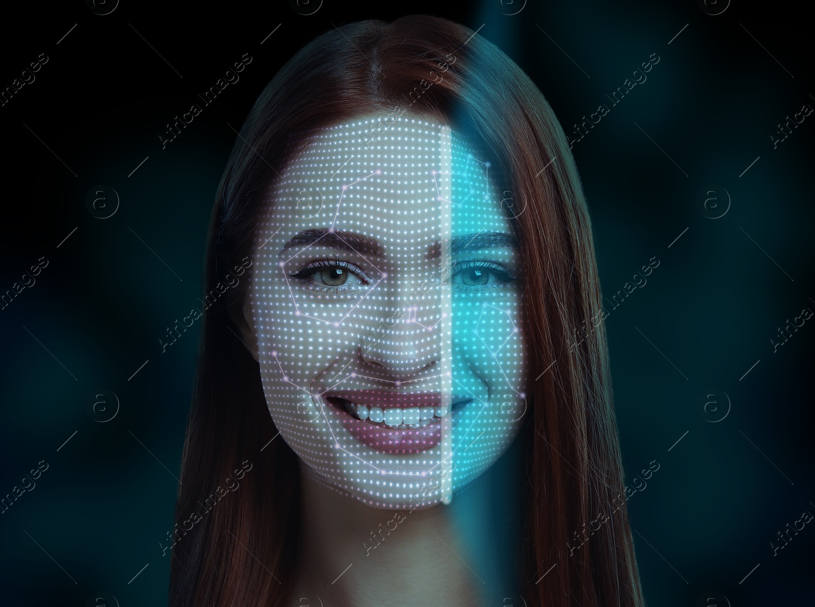 Image of Facial recognition system. Scanning woman's face for authentication