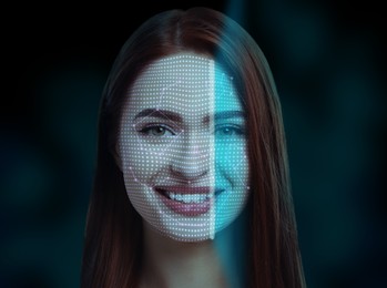 Facial recognition system. Scanning woman's face for authentication