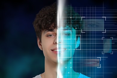 Image of Facial recognition system. Scanning man's face for authentication