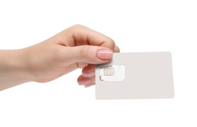 Photo of Woman holding modern SIM card on white background, closeup