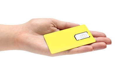 Photo of Woman holding modern SIM card on white background, closeup