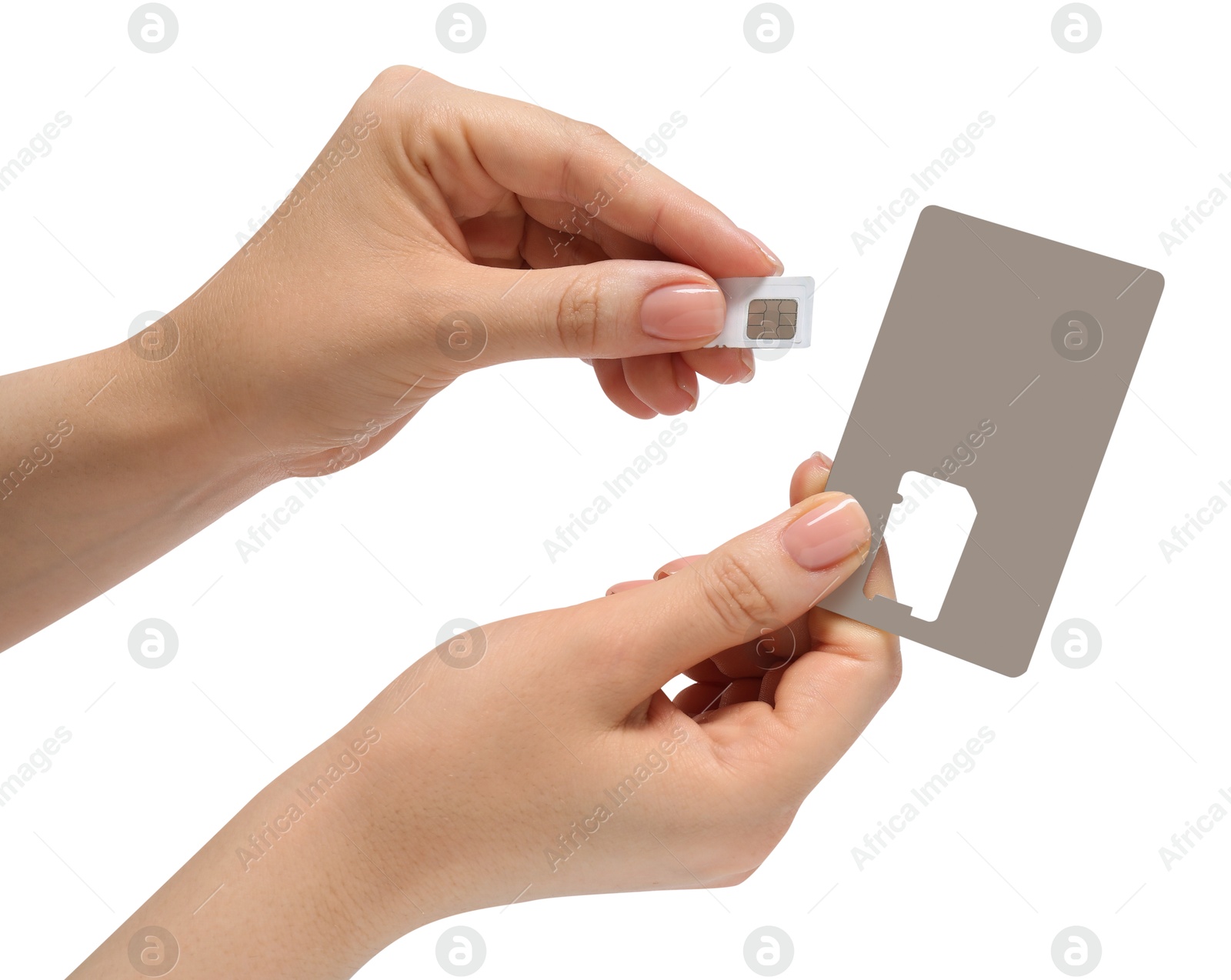 Photo of Woman removing SIM card from holder on white background, closeup