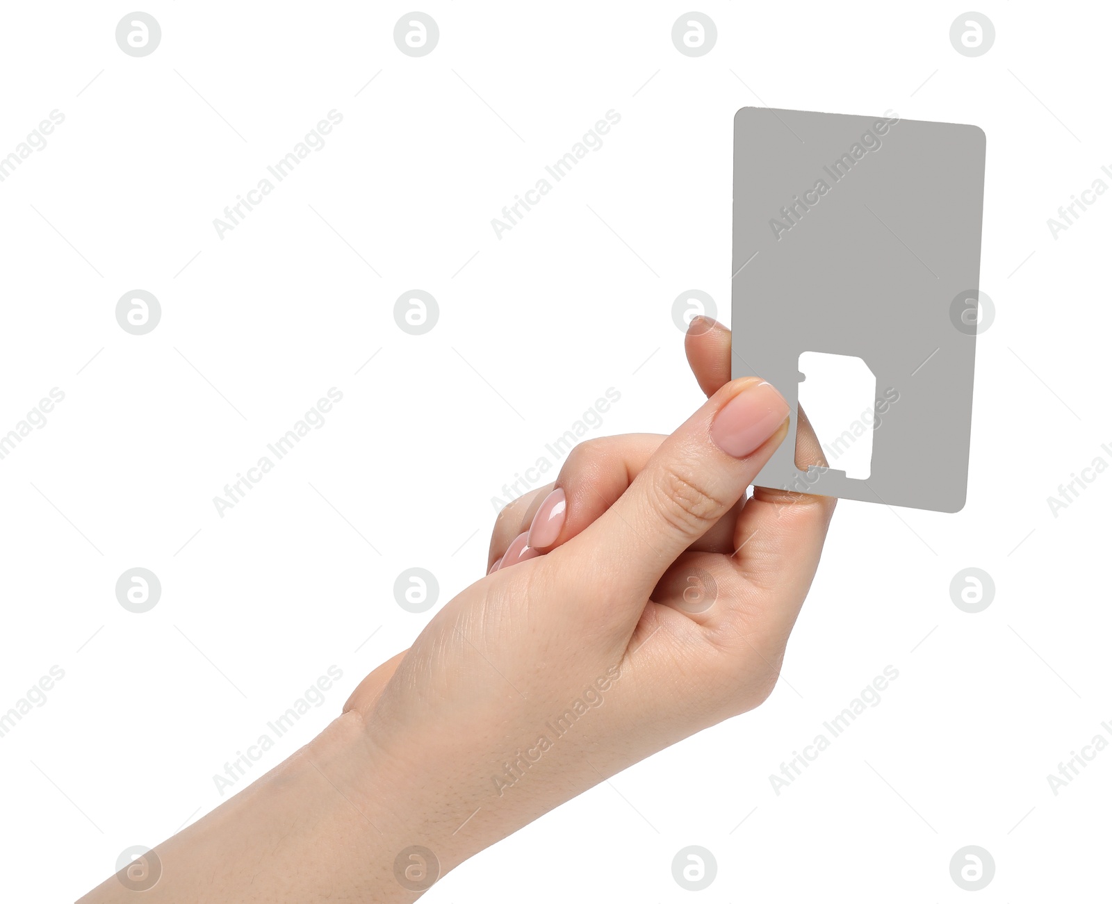 Photo of Woman holding SIM card holder on white background, closeup