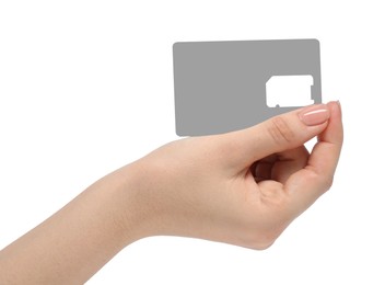 Photo of Woman holding SIM card holder on white background, closeup