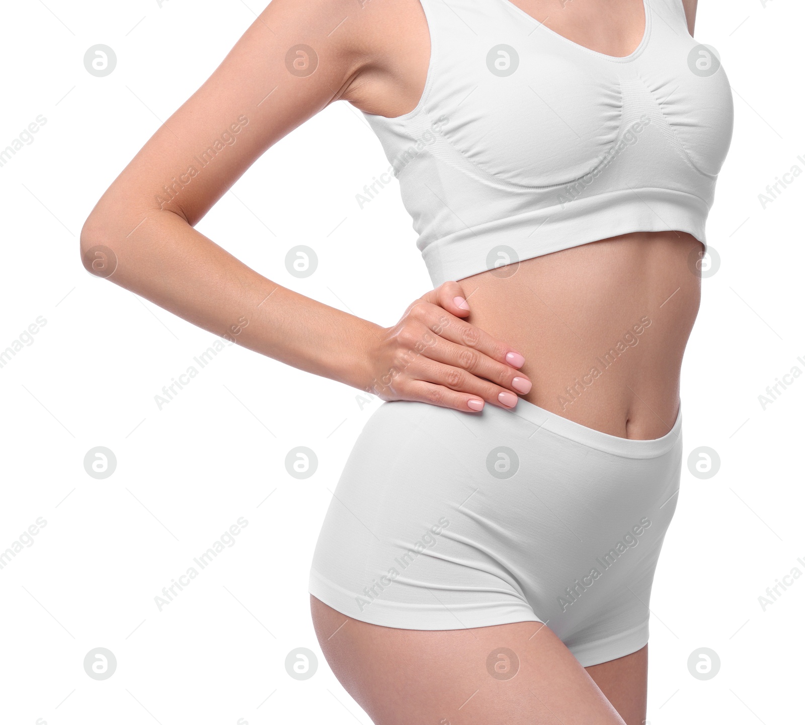 Photo of Diet and weight loss concept. Woman with slim body against white background, closeup