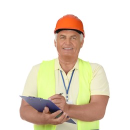 Photo of Engineer in hard hat with pen and clipboard on white background