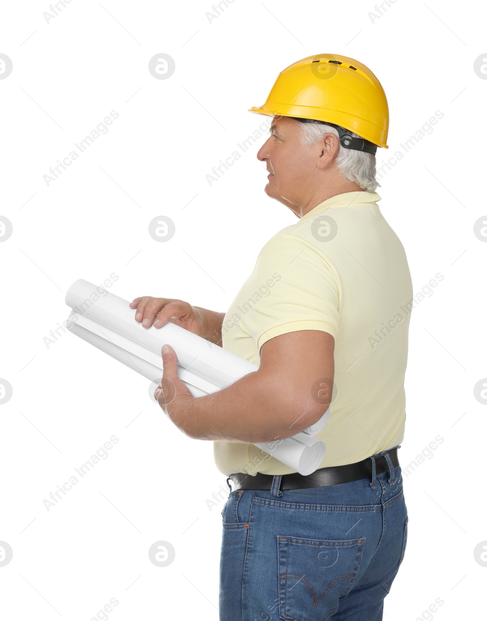 Photo of Engineer in hard hat with drafts on white background