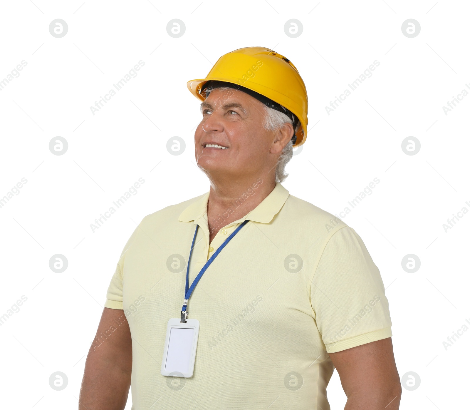 Photo of Engineer in hard hat on white background