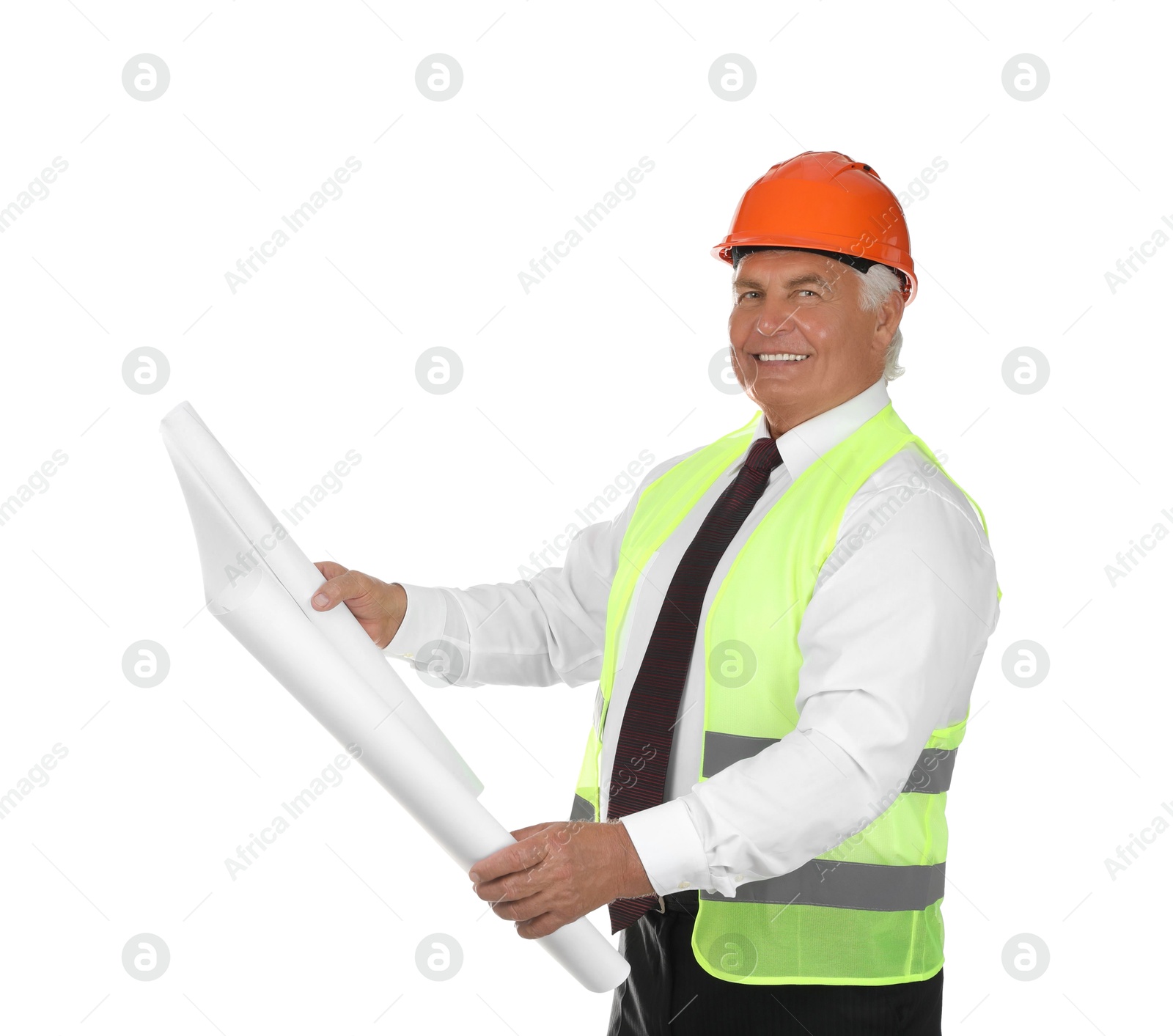 Photo of Engineer in hard hat with draft on white background